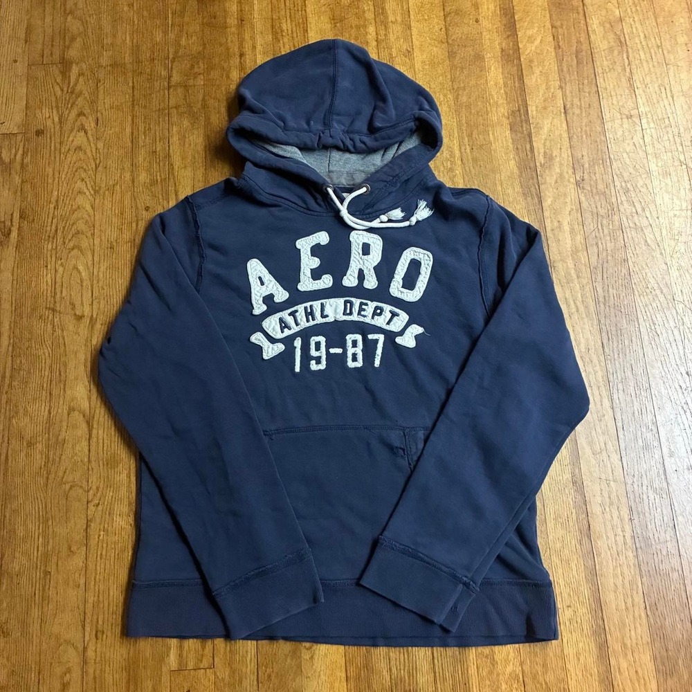 Aeropostale Aero Athletic 1987 Navy Blue Embroidered Pullover Hoodie Mens Large